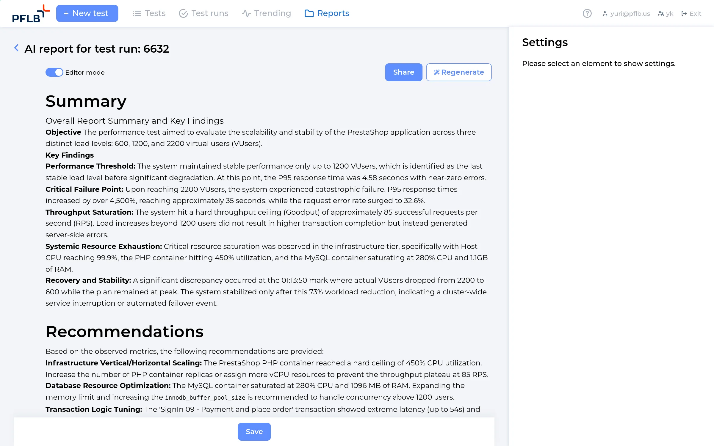 Summary page of the AI-generated report on the PFLB platform, stating the last stable level of 1,200 users, the failure at 2,200 with 32.6% errors, and the CPU bottleneck diagnosis