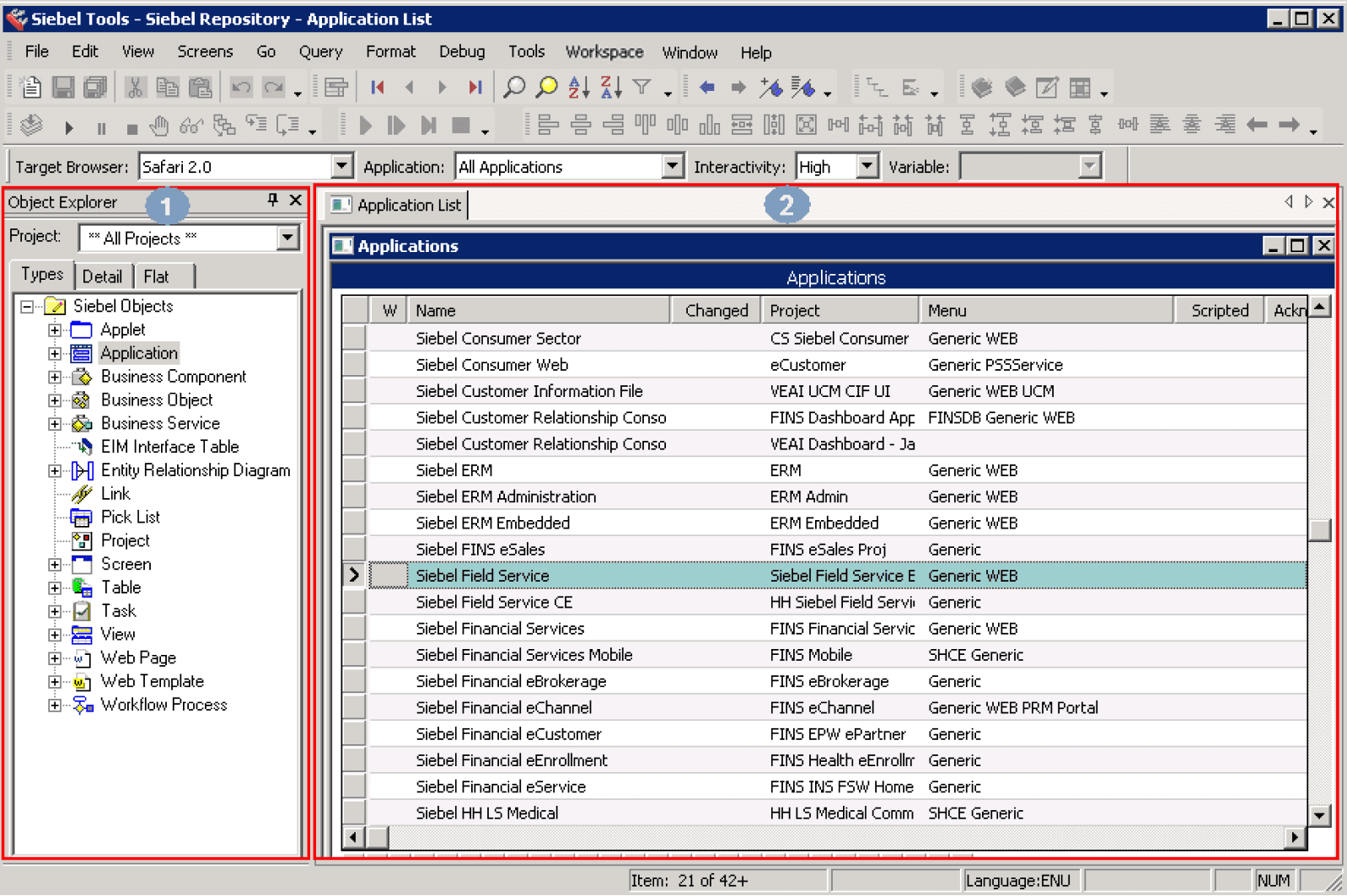Siebel Tools: the application list a tester works through to find the objects a script has to address.