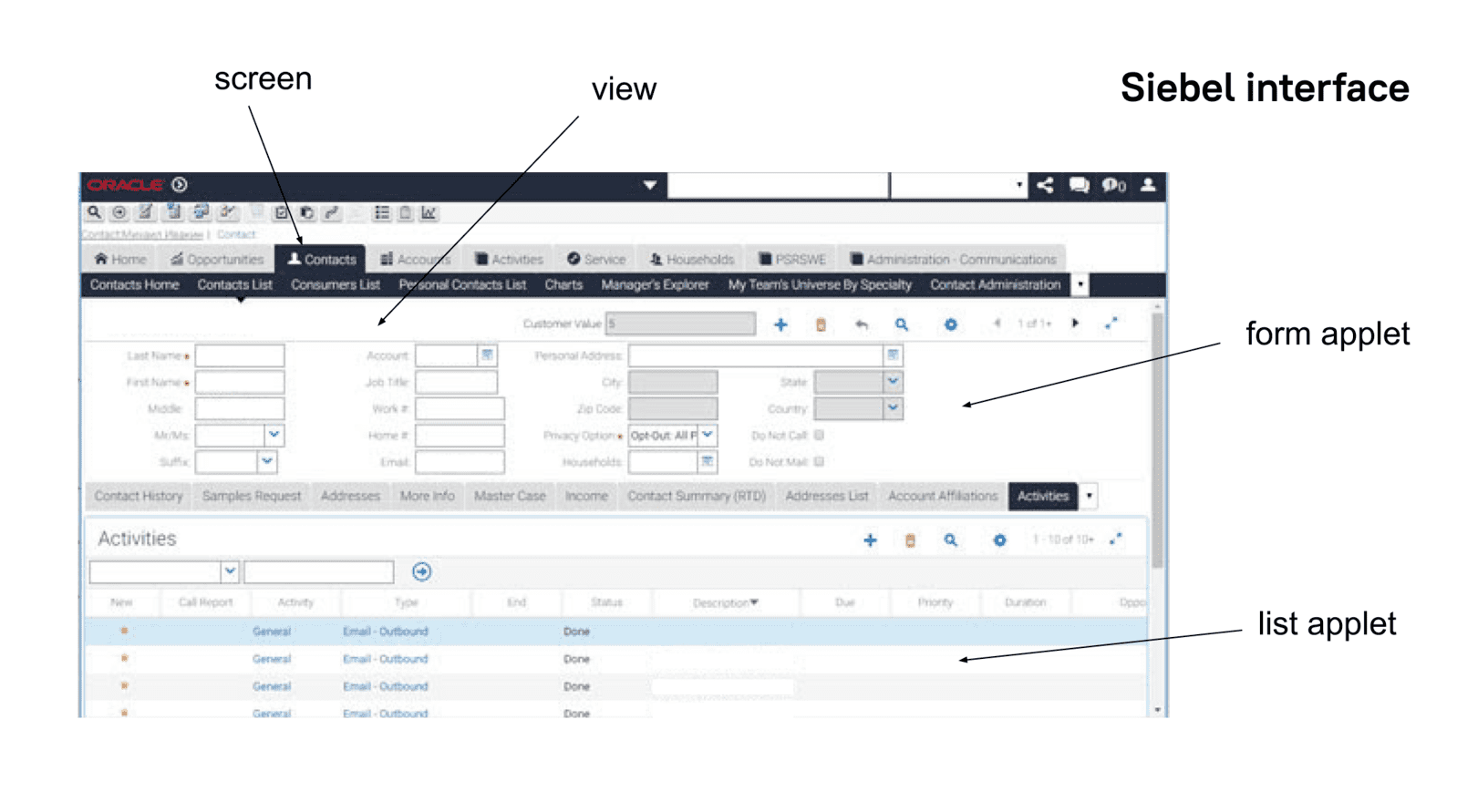 The Siebel CRM interface a load script has to reproduce.