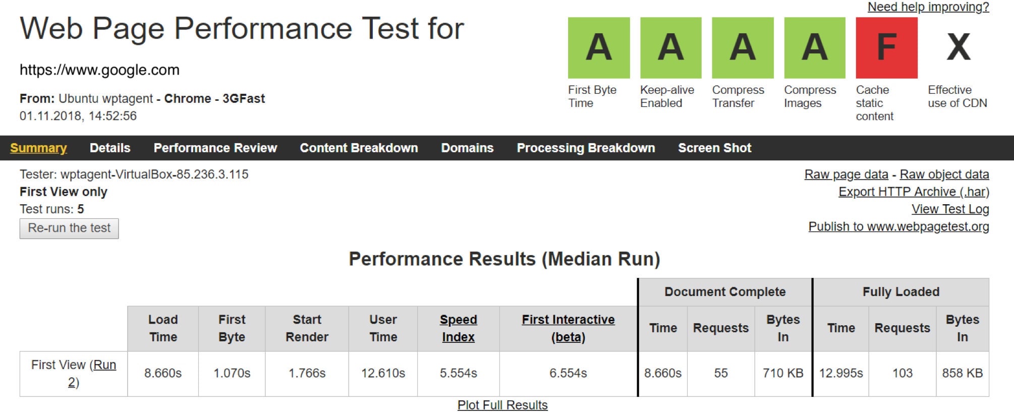 A screenshot of the WebPageTest web interface