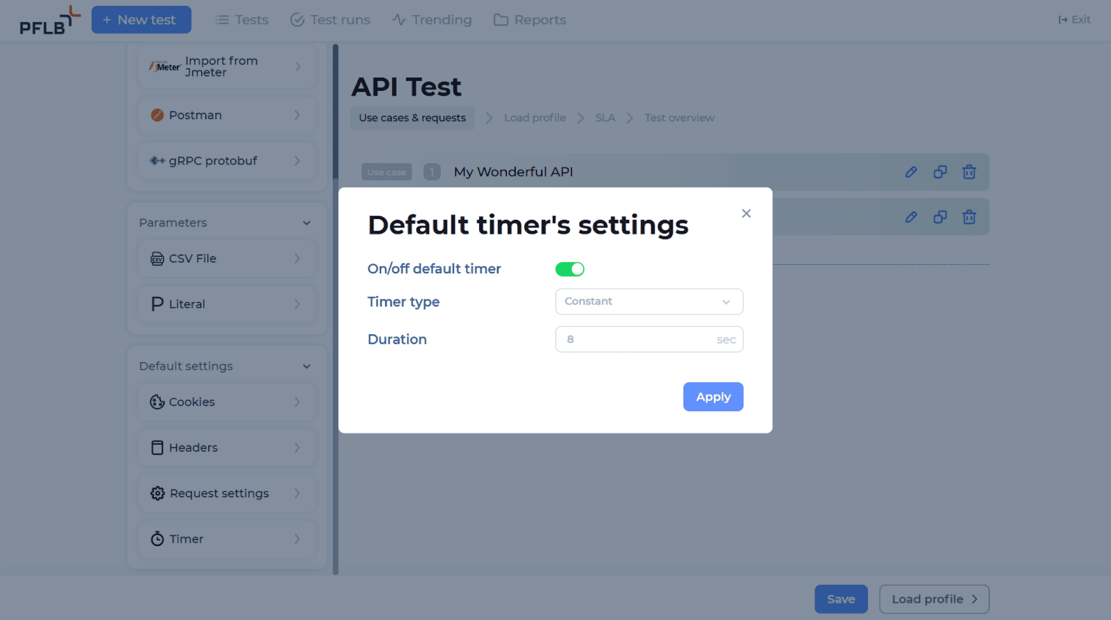 how to set up a global timer for a rest api load test in pflb