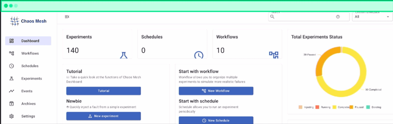Chaos Dashboard home screen, showing experiment statistics, workflows, and other web features provided by Chaos Mesh.