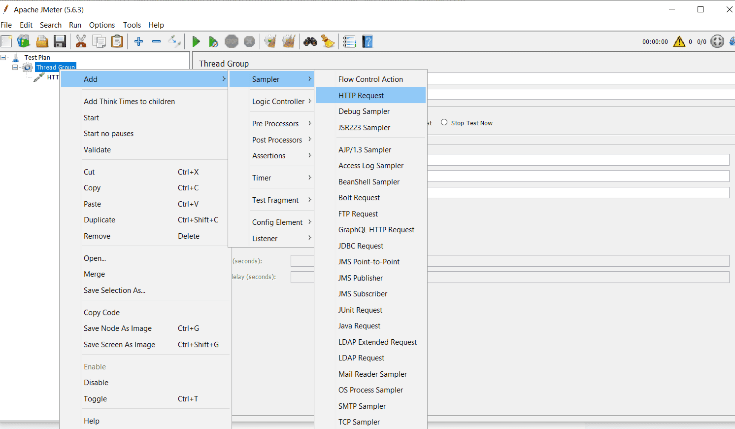jmeter screen add samplers http request
